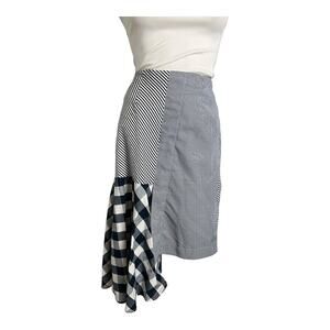 Beulah Style Women Skirt M Blue White Patchwork Cotton Gingham Asymmetrical Hem